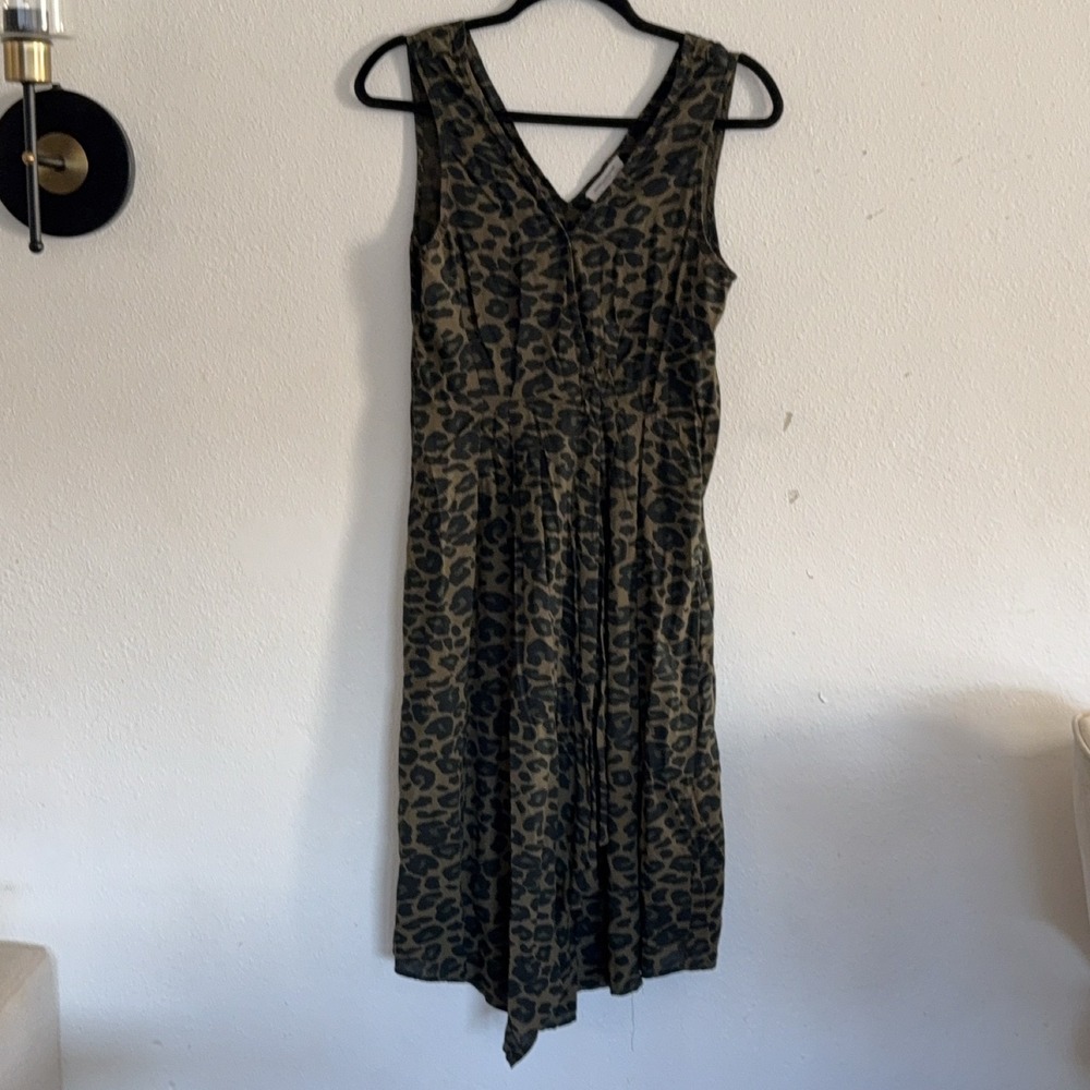 Beach Lunch Lounge Green Black Leopard Faux Wrap Dress V-Neck Sleeveless Size S